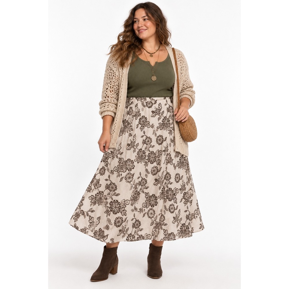 JM Collection 100% Linen Sz 16 Brown Floral A-Line Long Skirt Boho Fall Modest